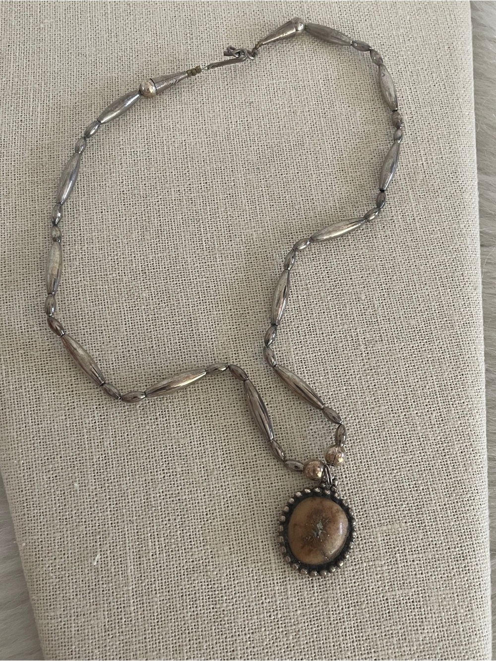 Silver tone Beaded Necklace with Brown fossil Stone Sterling Silver Pendant vntg